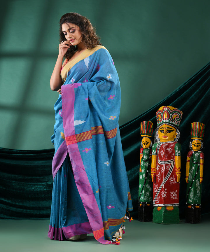 Tuequoise pink handloom cotton bengal saree