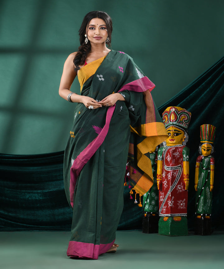 Bottle green pink handloom cotton bengal saree