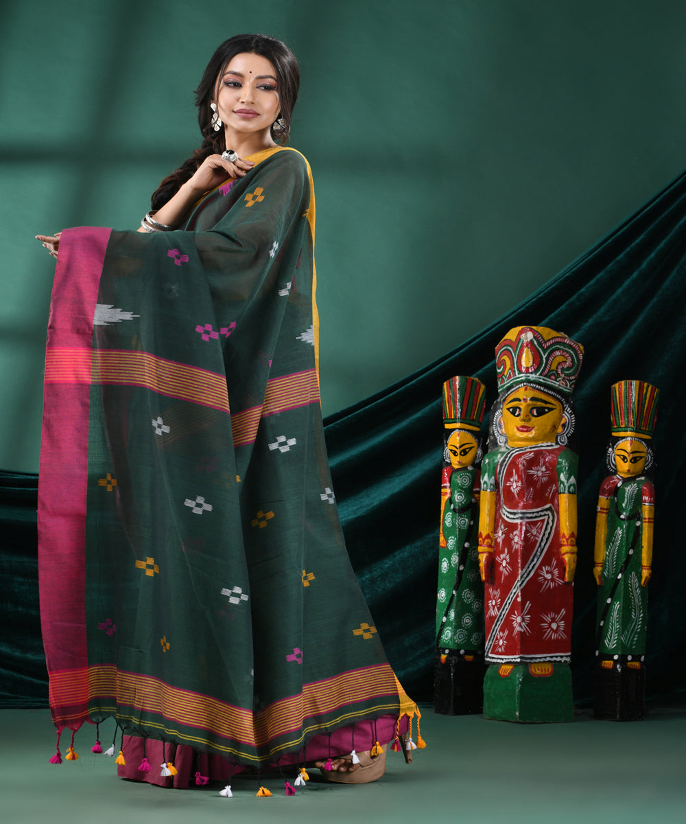 Bottle green pink handloom cotton bengal saree