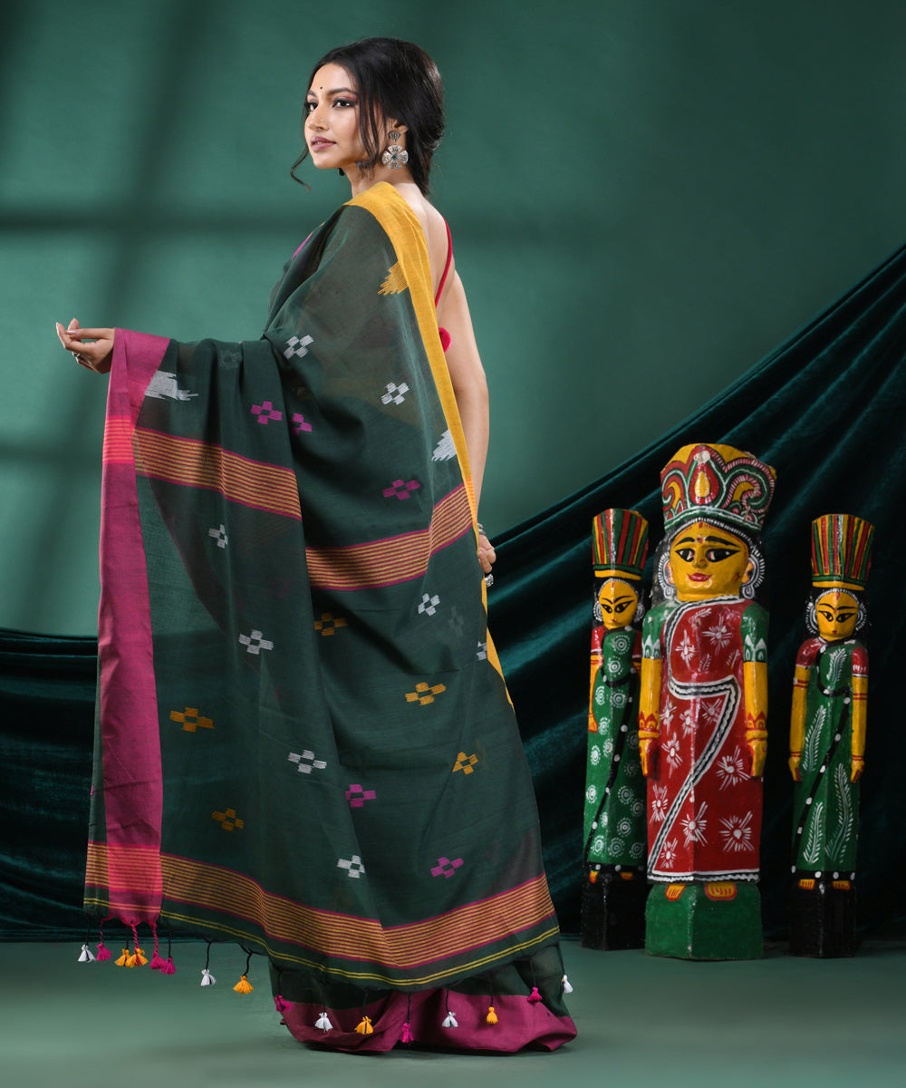 Bottle green pink handloom cotton bengal saree