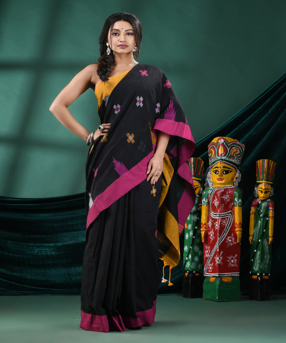 Black pink handloom cotton bengal saree