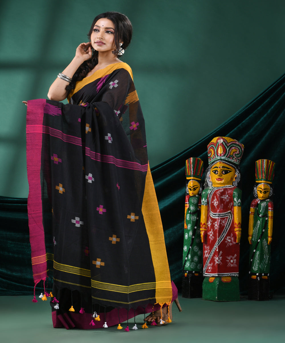 Black pink handloom cotton bengal saree