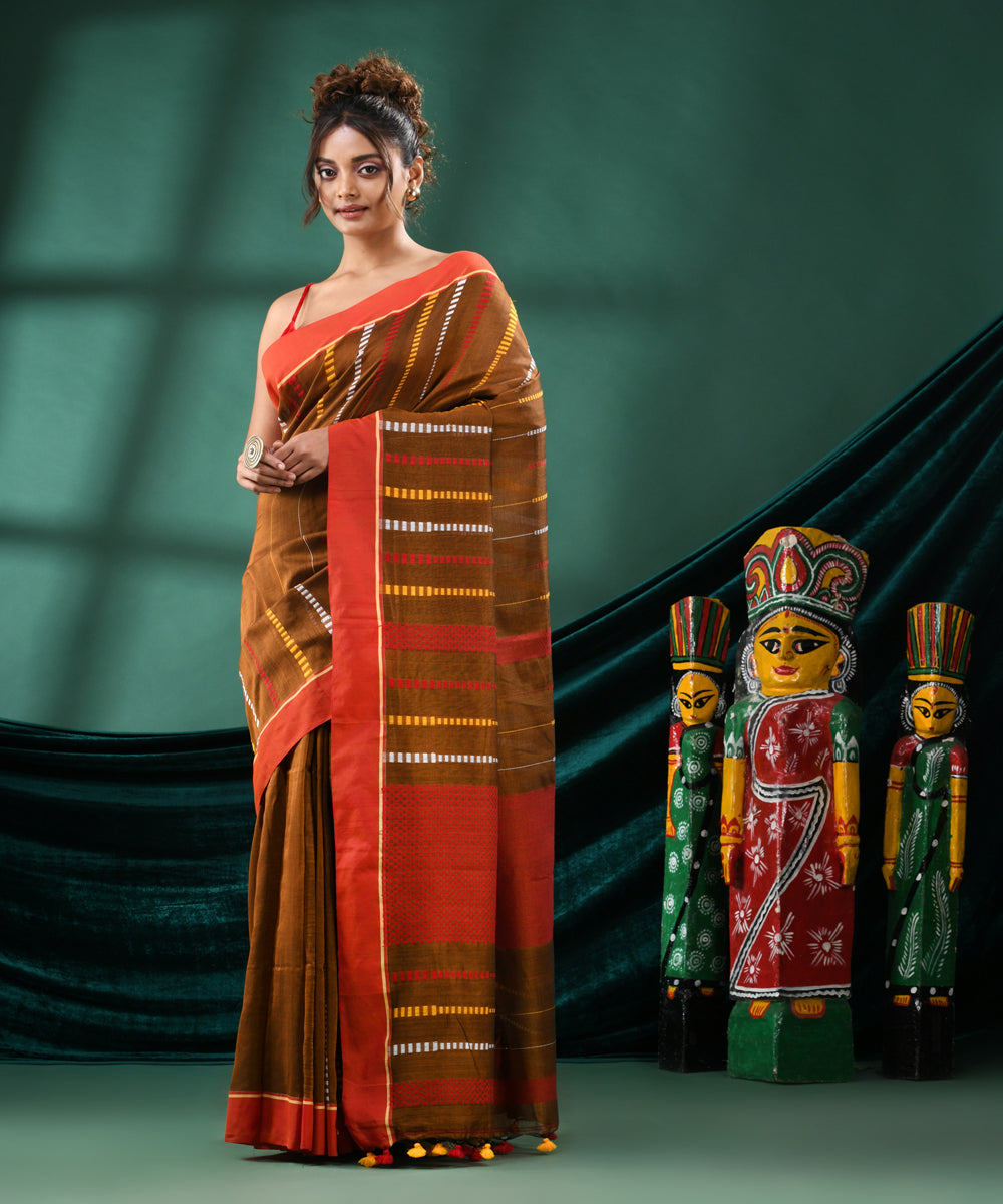 Mustard rust handloom cotton bengal saree