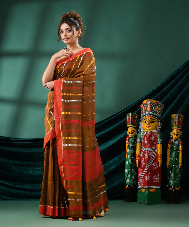 Mustard rust handloom cotton bengal saree