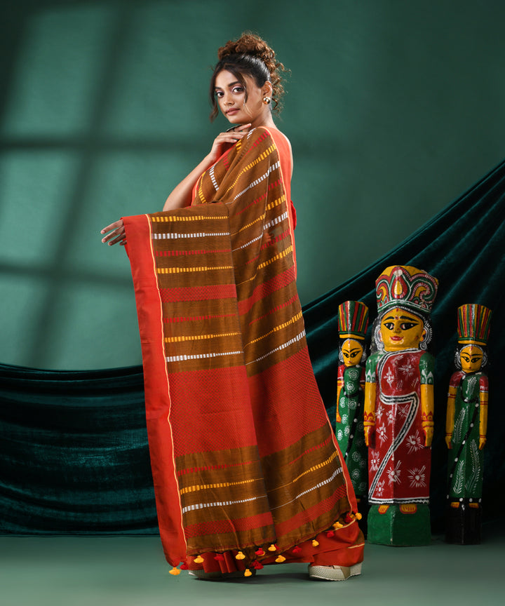 Mustard rust handloom cotton bengal saree