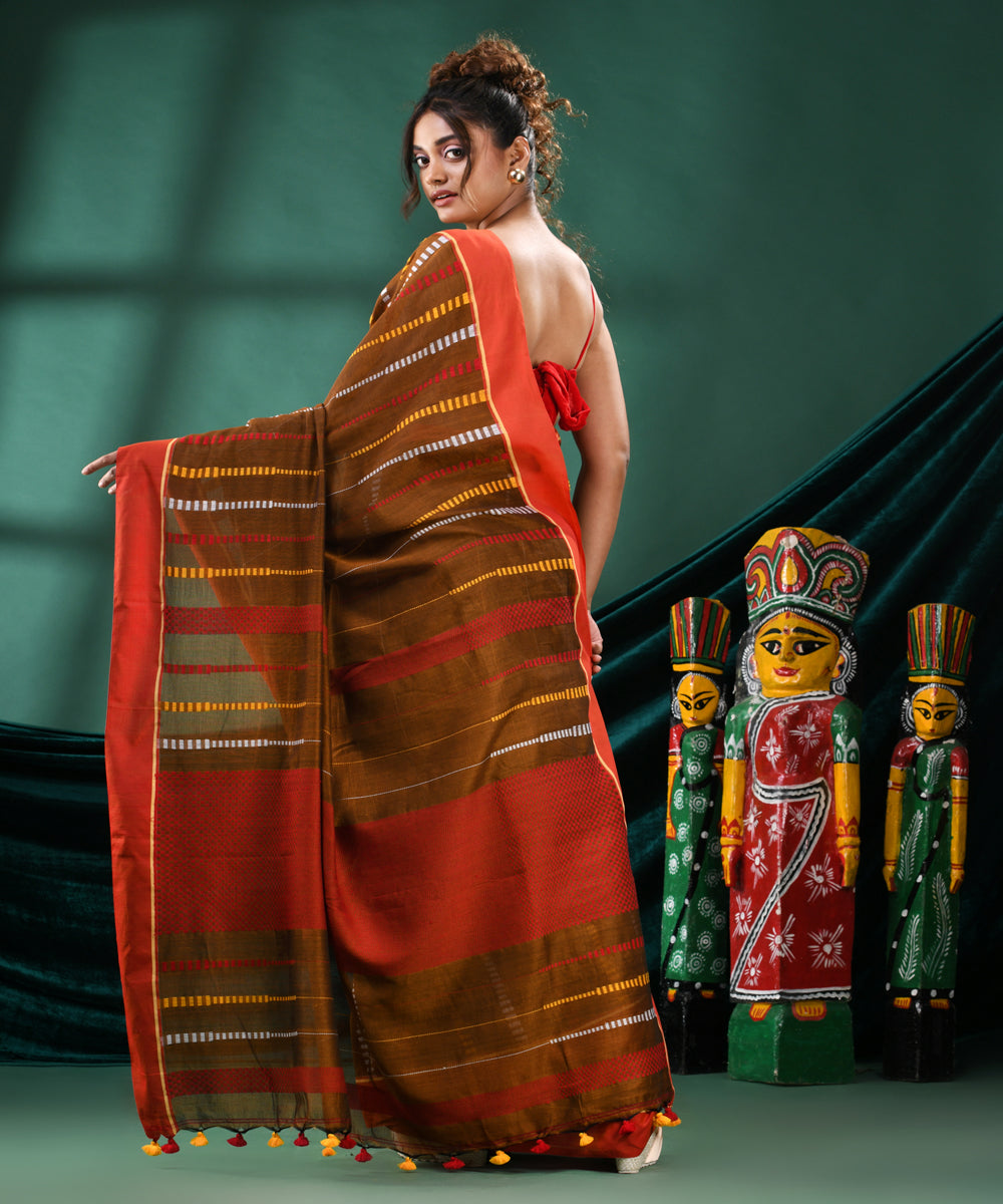 Mustard rust handloom cotton bengal saree