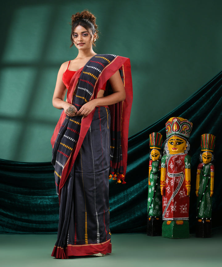 Silet grey red cotton handloom bengal saree