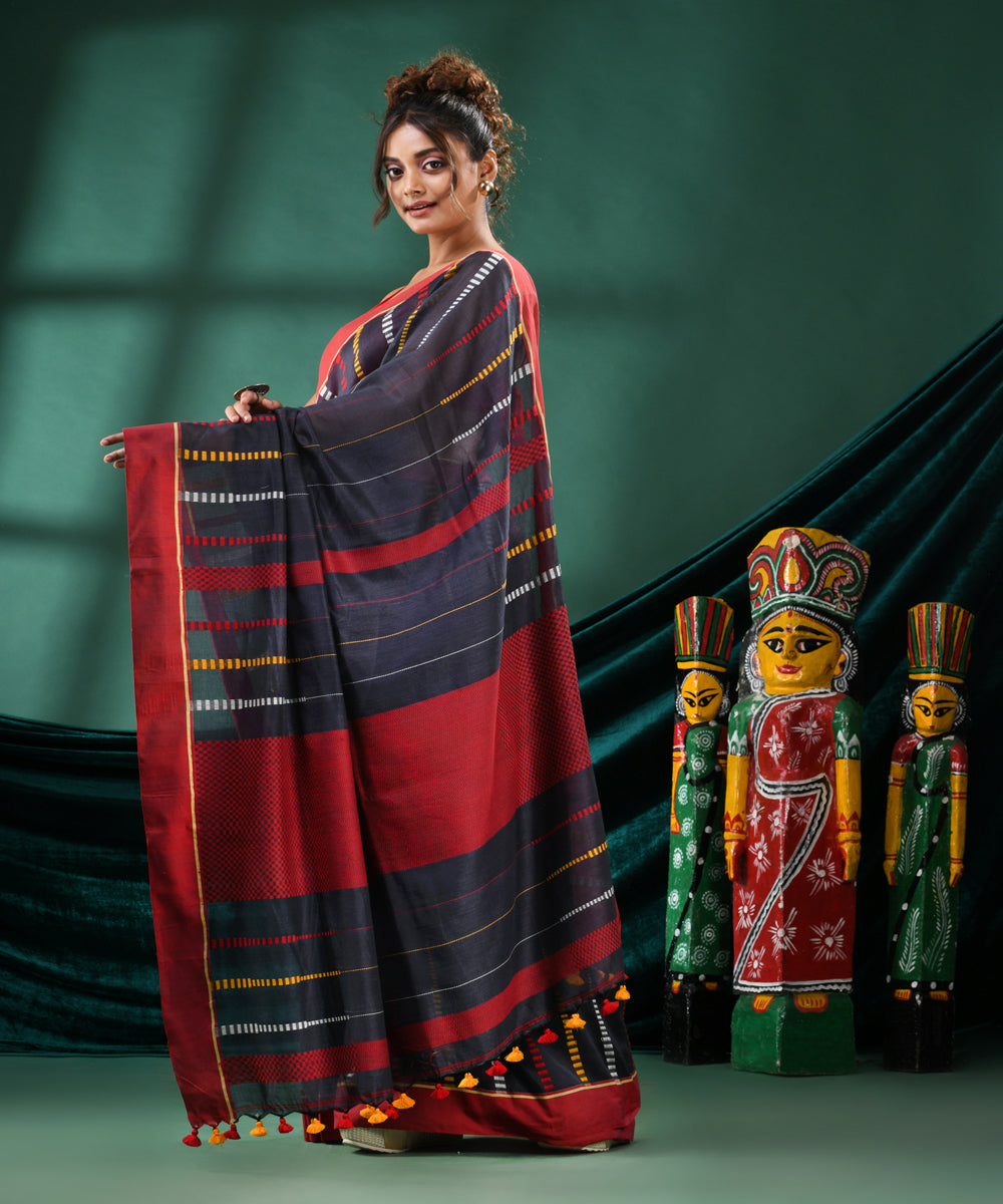 Silet grey red cotton handloom bengal saree