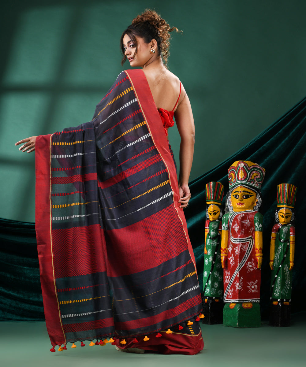 Silet grey red cotton handloom bengal saree