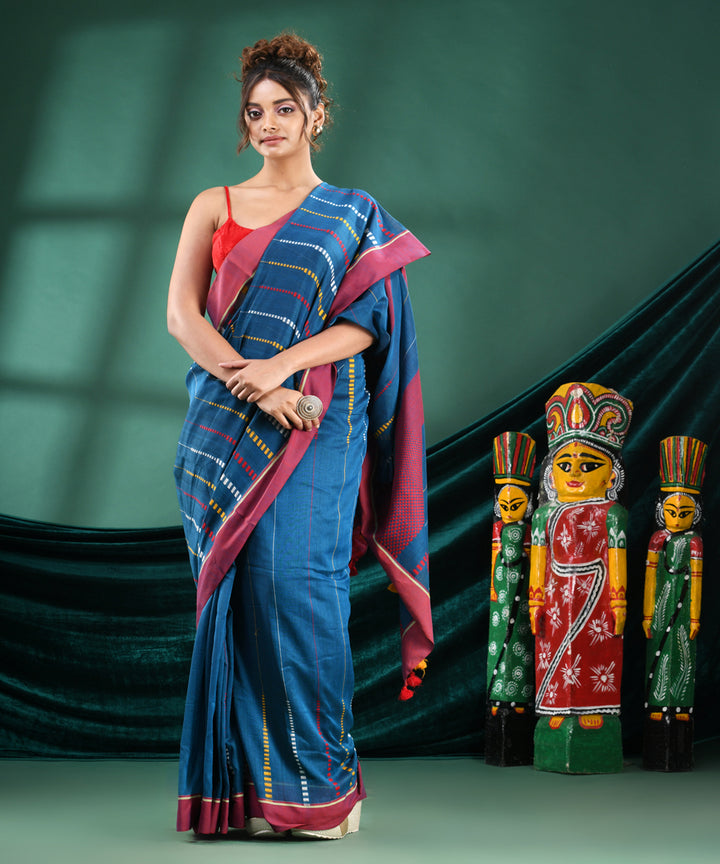 Teal red handloom cotton bengal saree