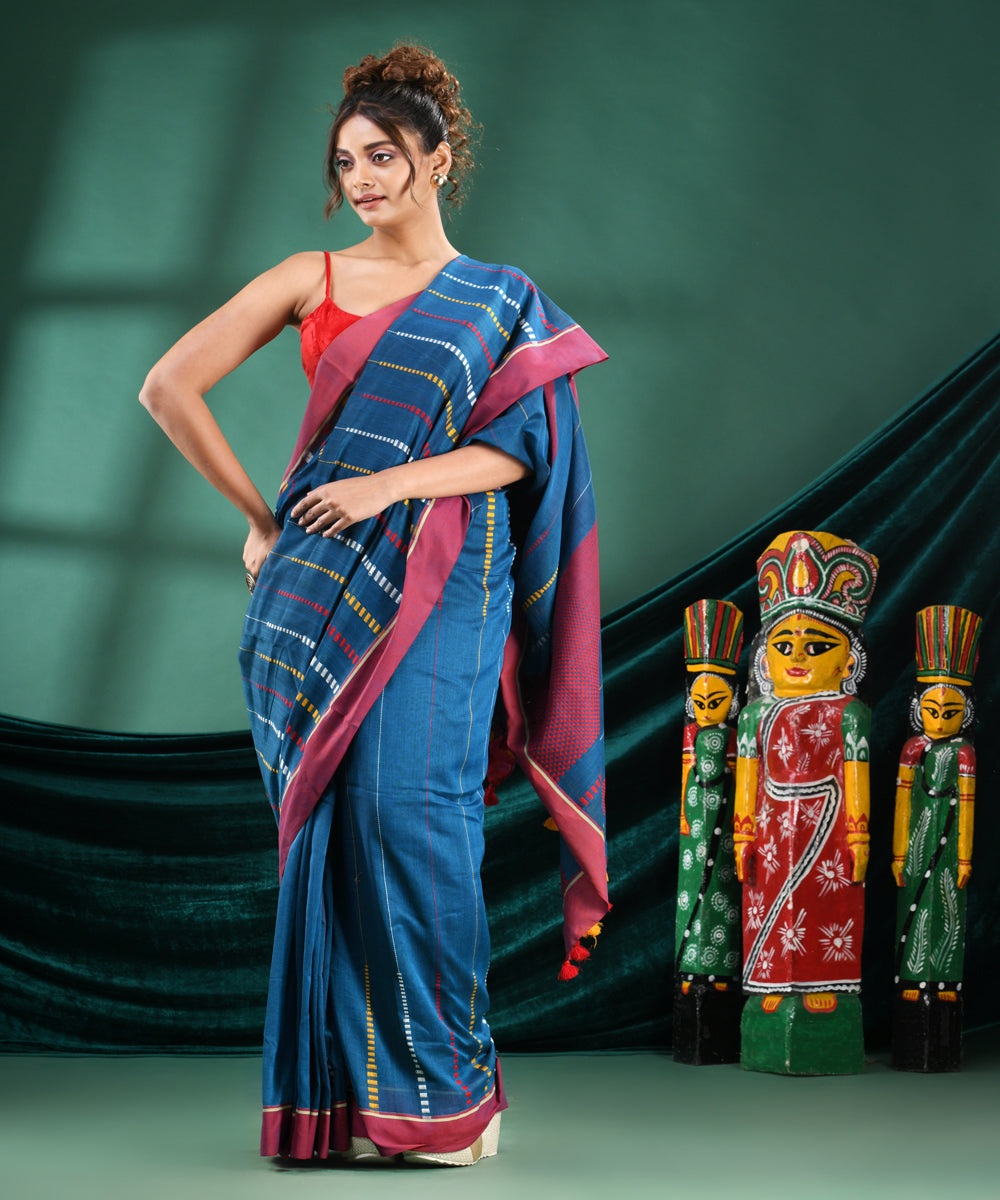 Teal red handloom cotton bengal saree