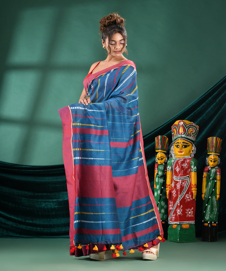 Teal red handloom cotton bengal saree