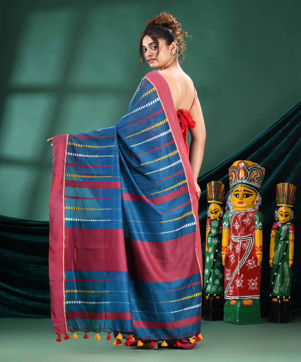 Teal red handloom cotton bengal saree