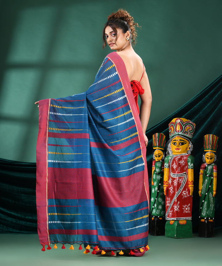 Teal red handloom cotton bengal saree