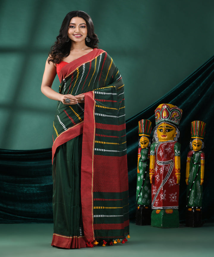 Bottle green red cotton handloom bengal saree