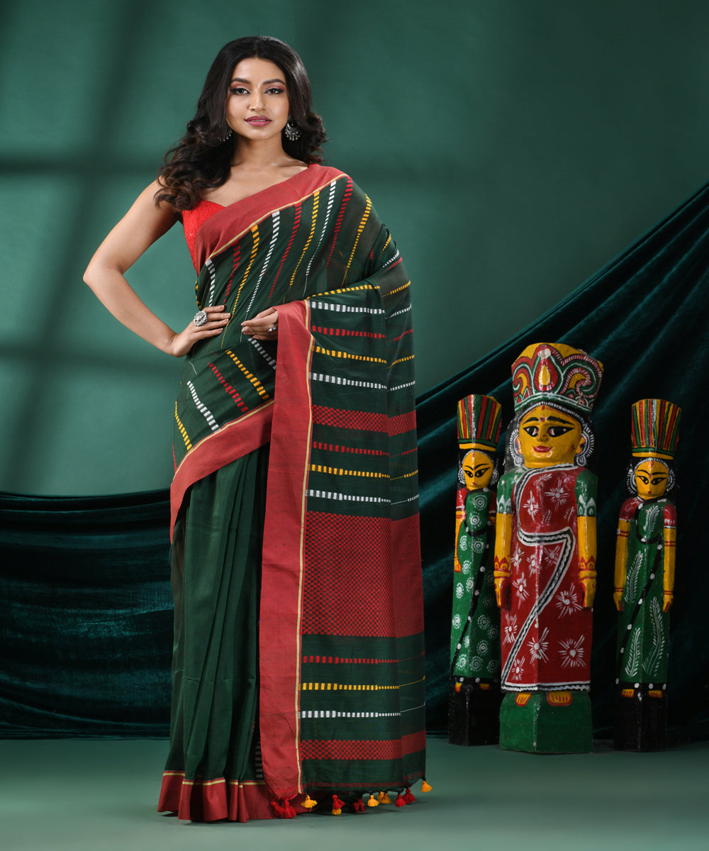 Bottle green red cotton handloom bengal saree