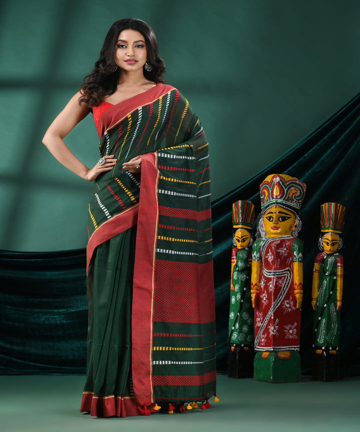 Bottle green red cotton handloom bengal saree