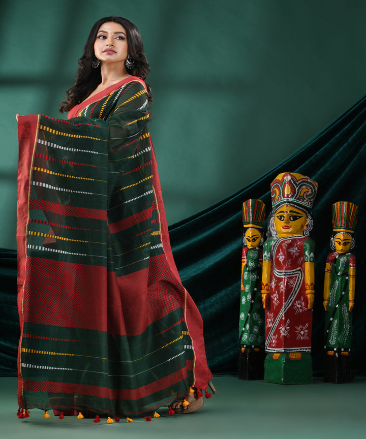 Bottle green red cotton handloom bengal saree