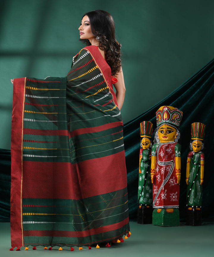 Bottle green red cotton handloom bengal saree