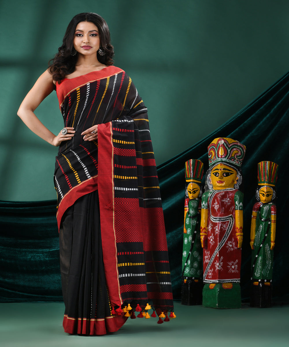 Black red handloom cotton bengal saree