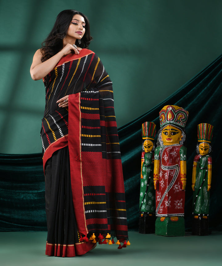 Black red handloom cotton bengal saree