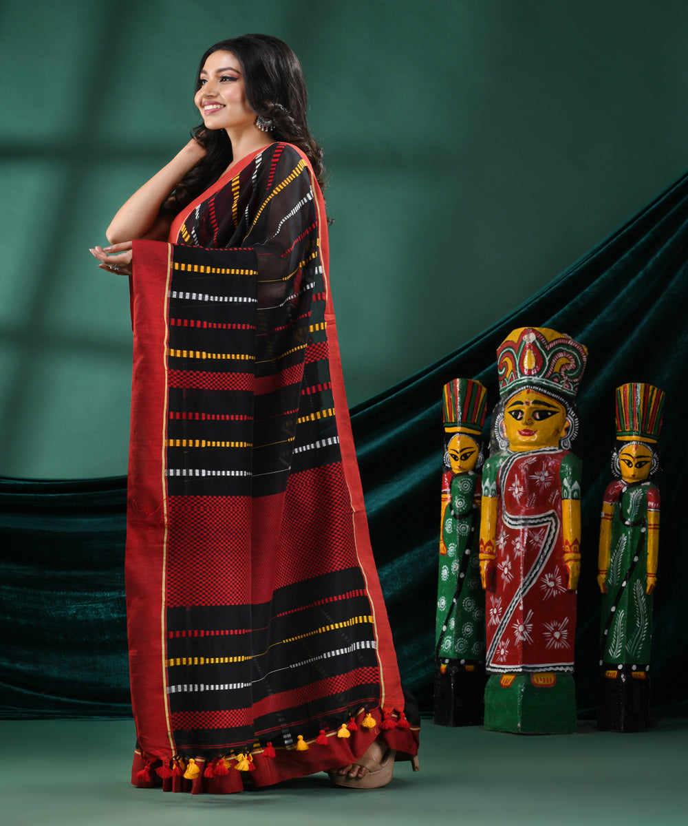 Black red handloom cotton bengal saree