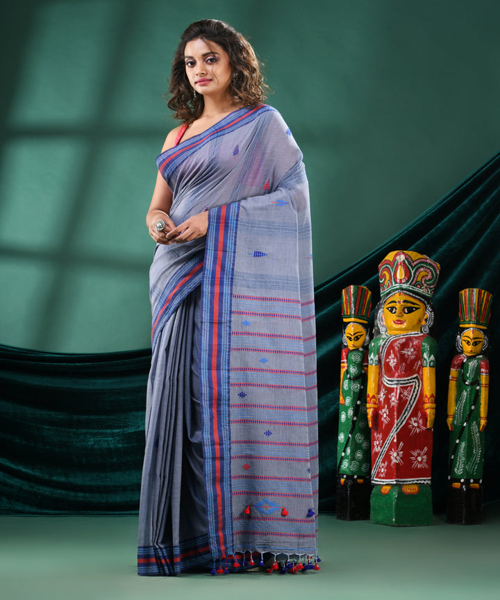 Grey striped handloom cotton bengal saree