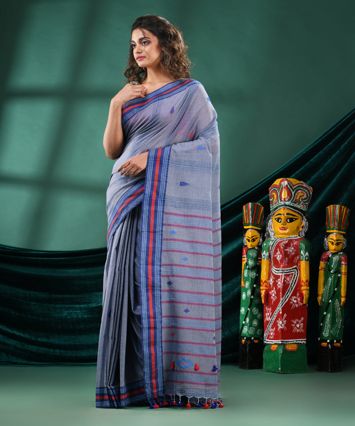 Grey striped handloom cotton bengal saree