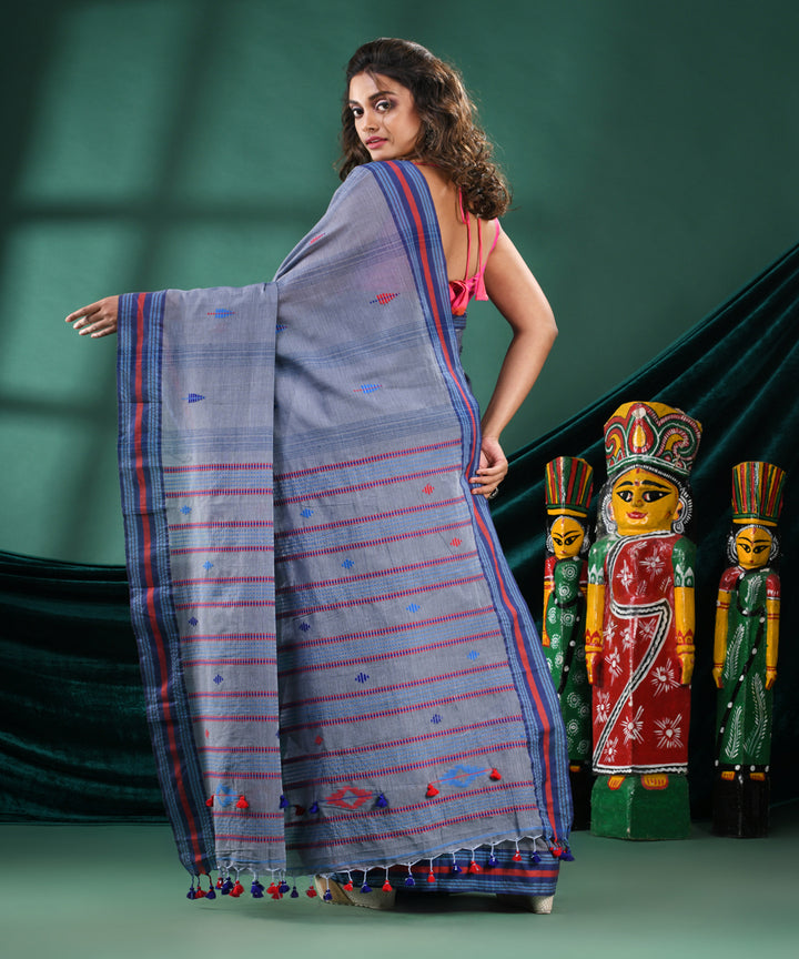 Grey striped handloom cotton bengal saree