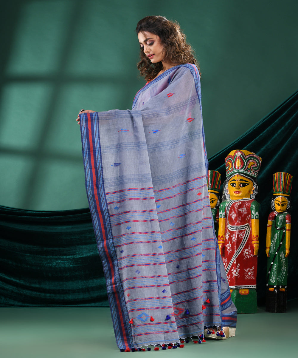 Grey striped handloom cotton bengal saree