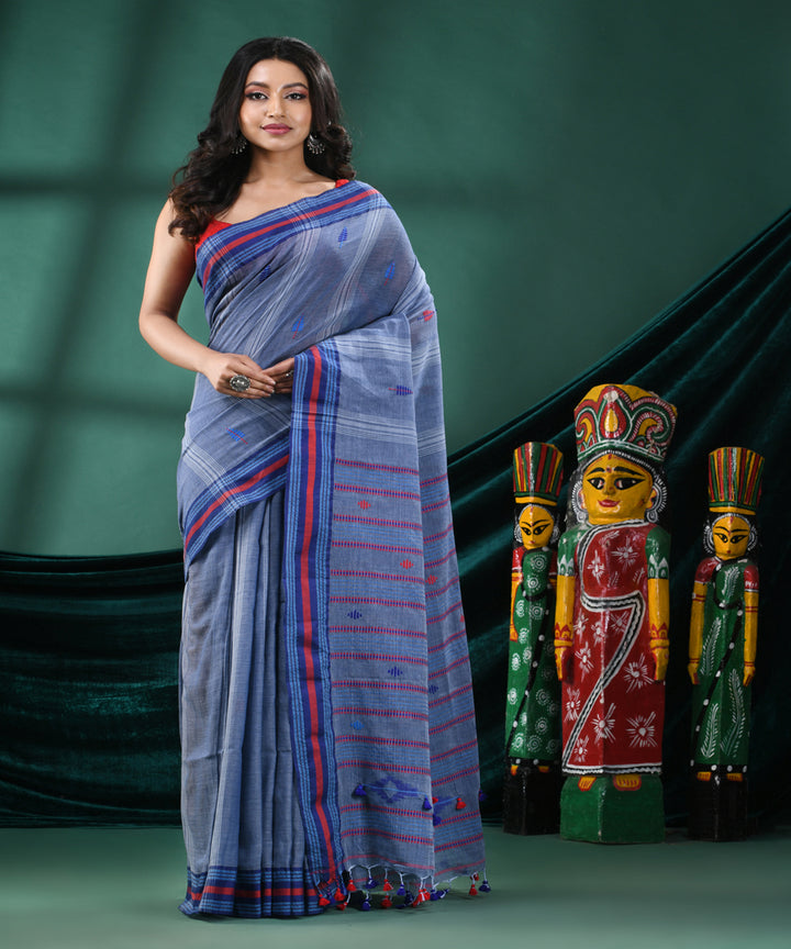 Blue grey striped handloom cotton bengal saree