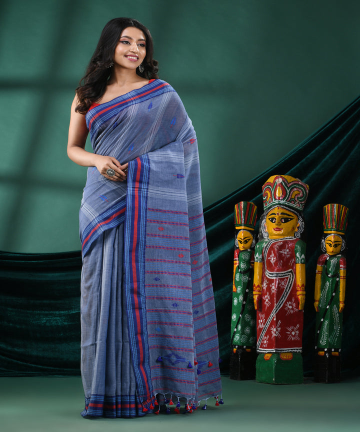 Blue grey striped handloom cotton bengal saree