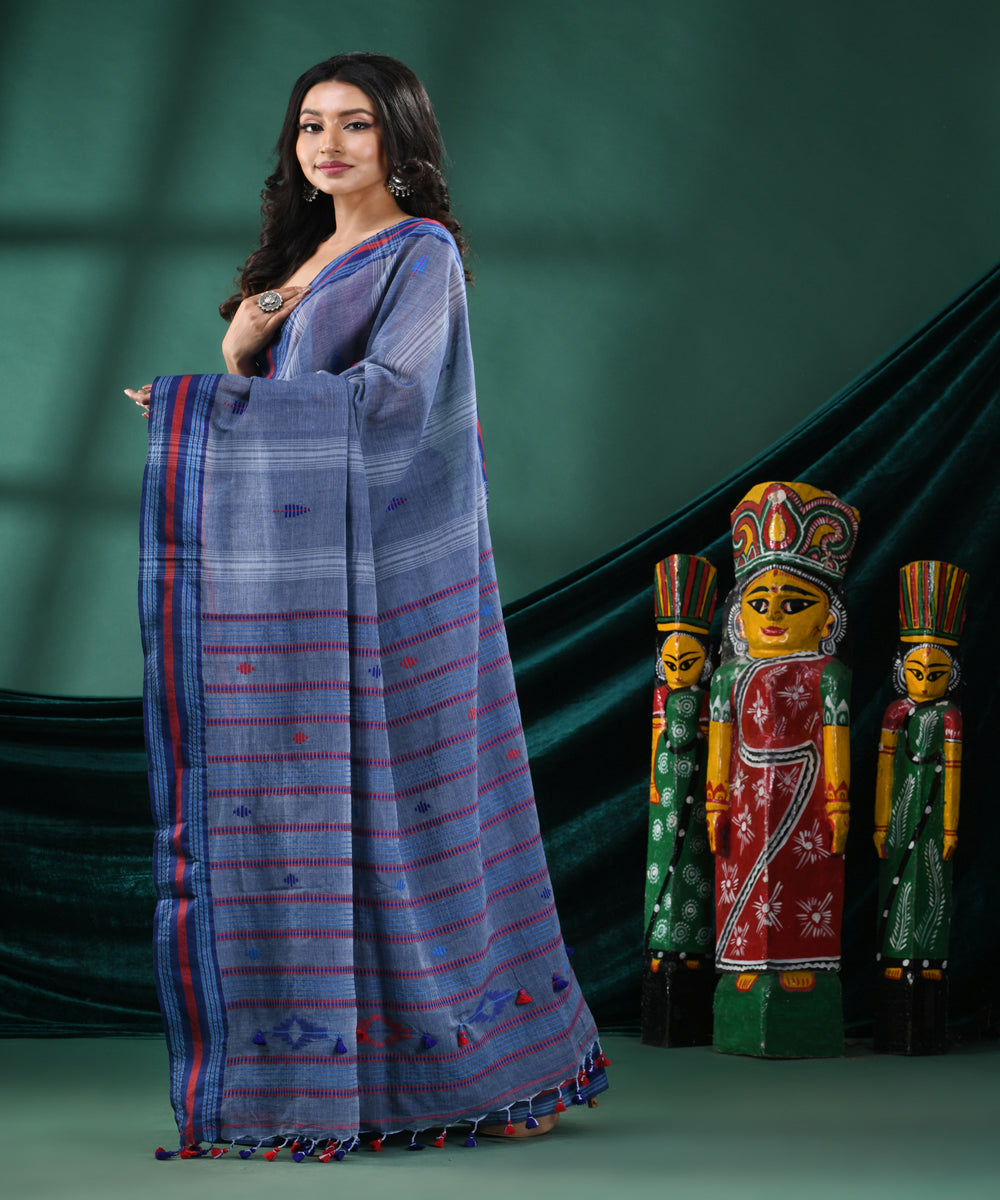 Blue grey striped handloom cotton bengal saree