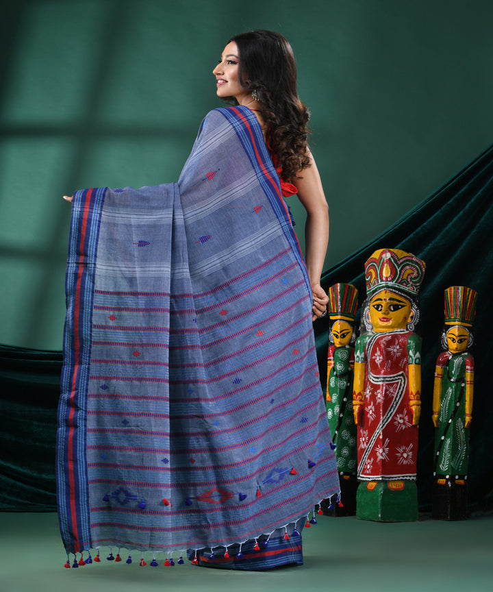 Blue grey striped handloom cotton bengal saree