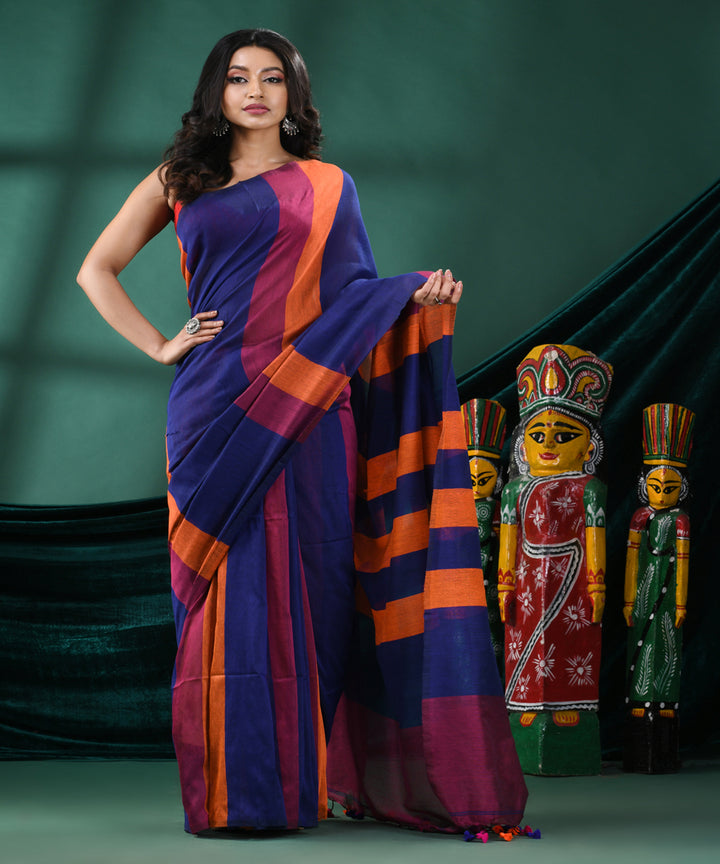 Multicolour blue handloom cotton bengal saree