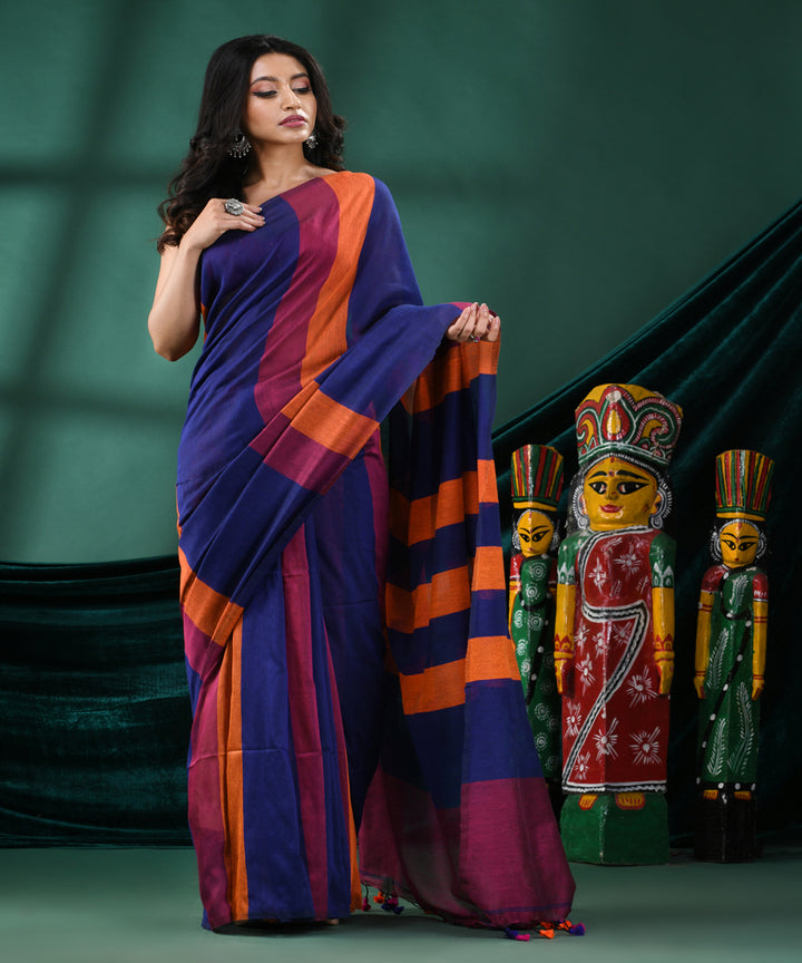 Multicolour blue handloom cotton bengal saree