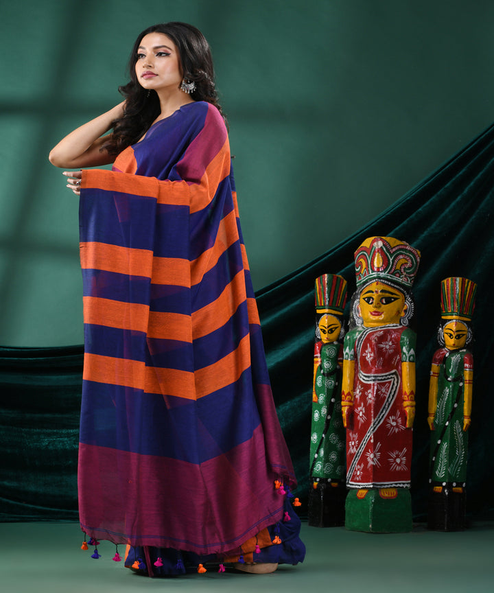 Multicolour blue handloom cotton bengal saree