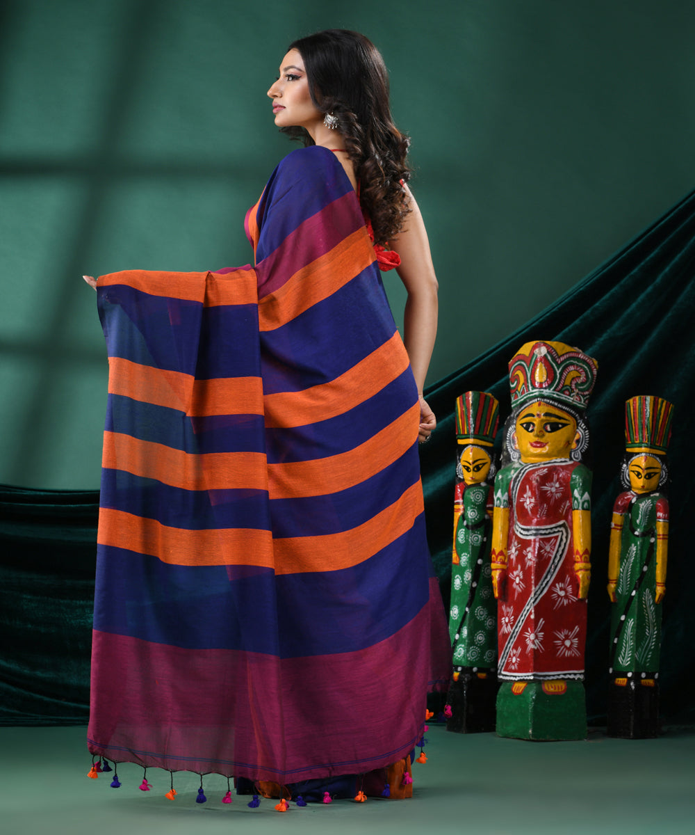 Multicolour blue handloom cotton bengal saree