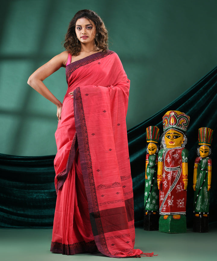 Rose pink black handloom cotton bengal saree