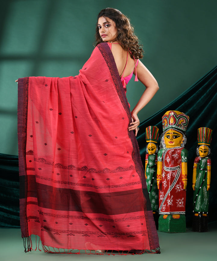 Rose pink black handloom cotton bengal saree