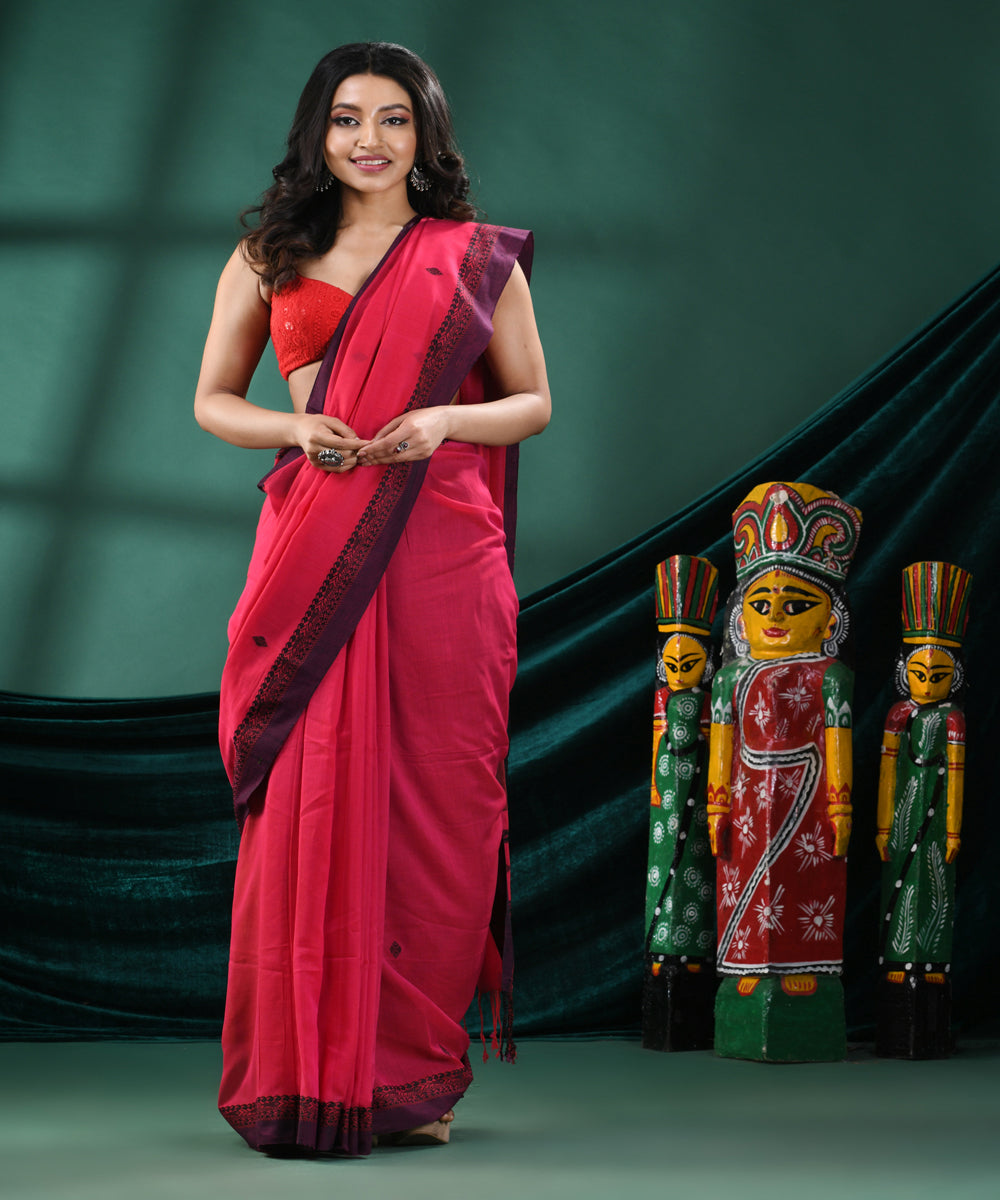 Pink black handloom cotton bengal saree