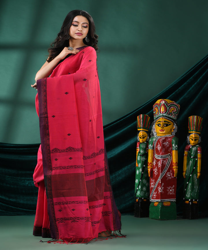 Pink black handloom cotton bengal saree
