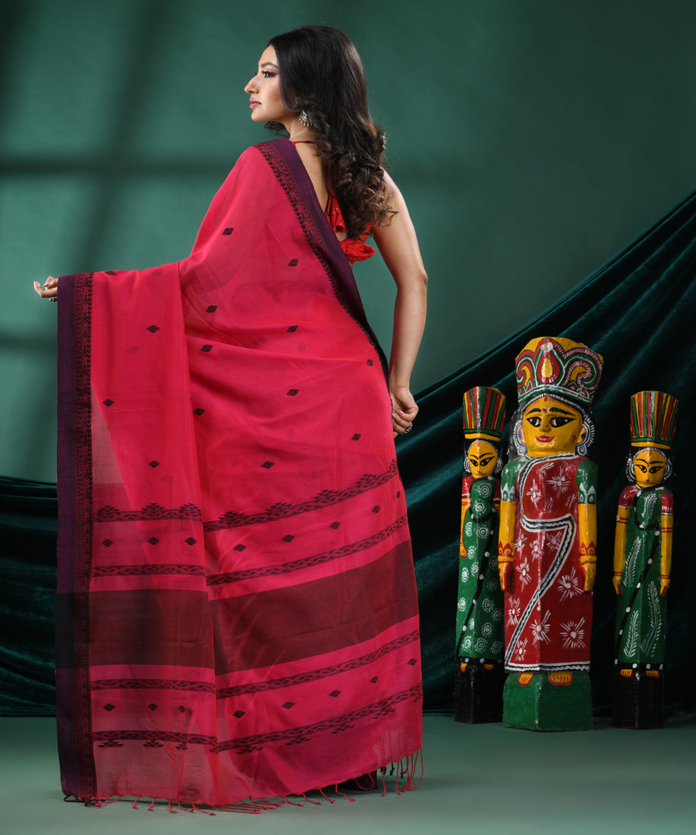 Pink black handloom cotton bengal saree