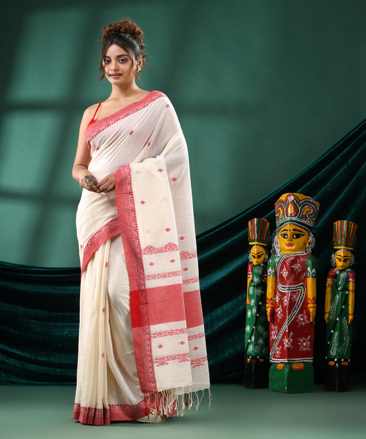 Offwhite red handloom cotton bengal saree