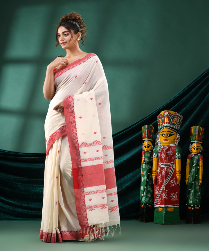 Offwhite red handloom cotton bengal saree