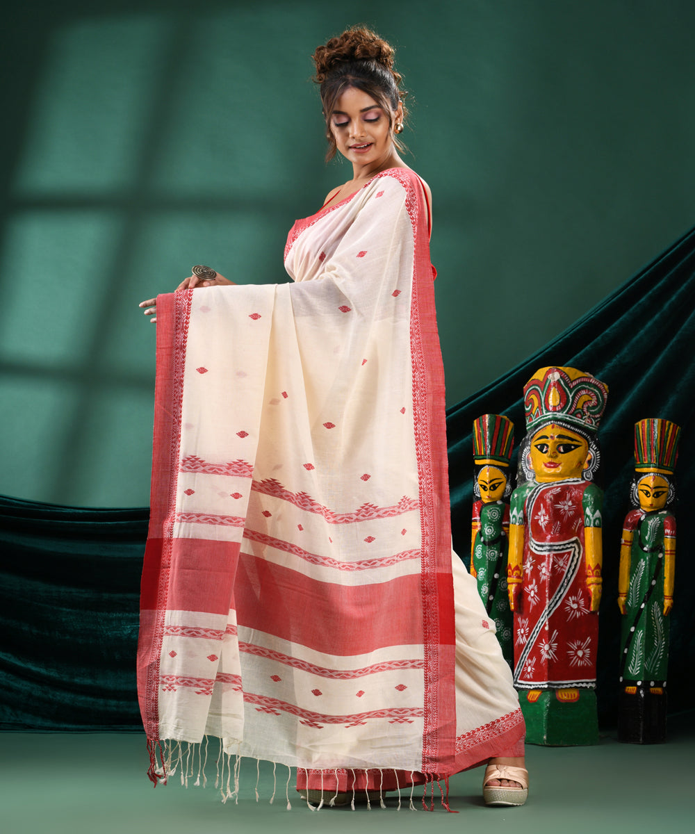 Offwhite red handloom cotton bengal saree