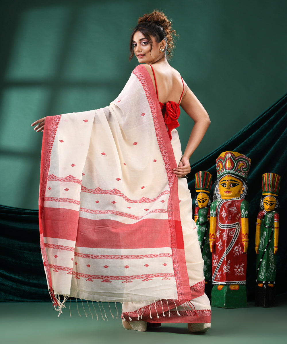 Offwhite red handloom cotton bengal saree