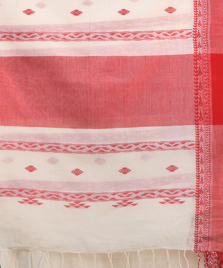 Offwhite red handloom cotton bengal saree