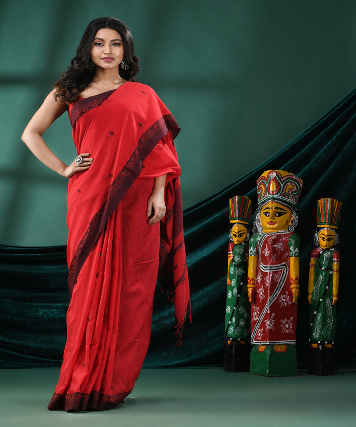 Red black handloom cotton bengal saree