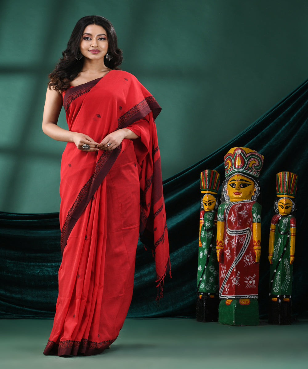 Red black handloom cotton bengal saree